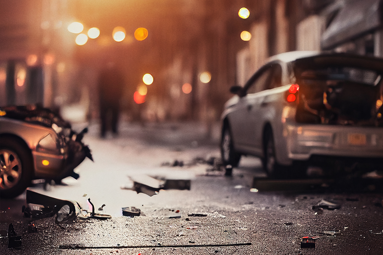 Two vehicles sit idle on a city street surrounded by debris following a car accident.